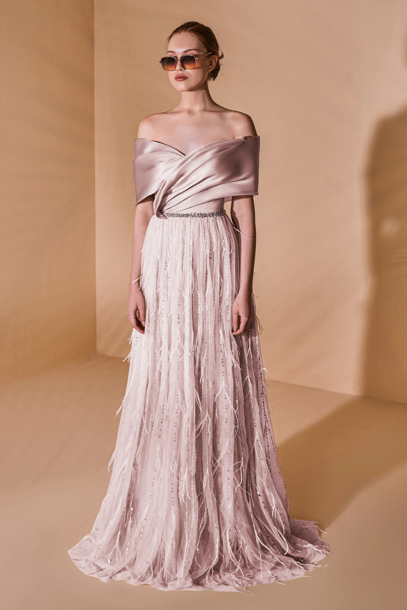 Off-The-Shoulder Long Feather Dress