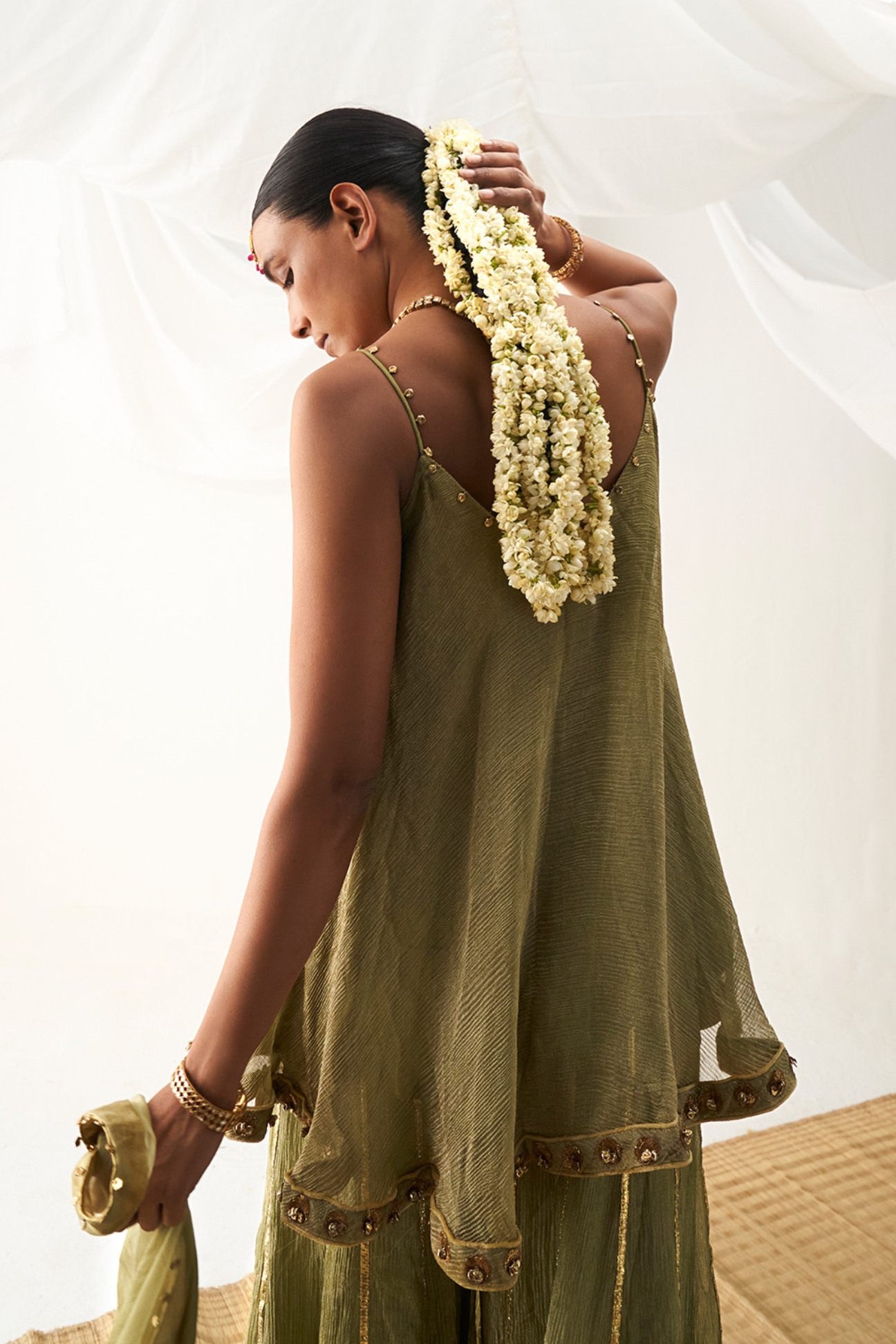 Olive Crush Tissue Sharara Set