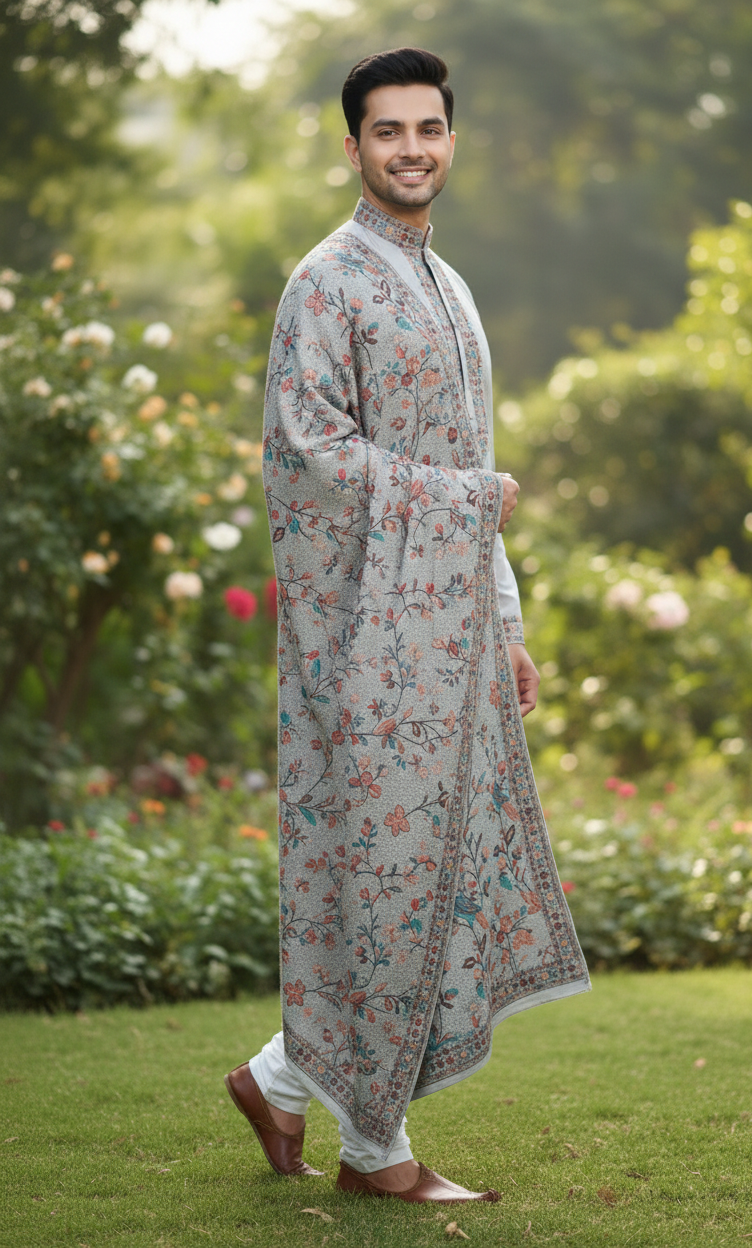 Regal Embroidered Kurta Set with Heritage Floral Shawl