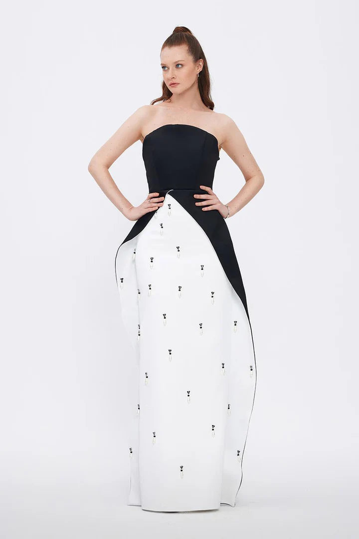 Pearl Detailed Strapless Collar Evening Dress