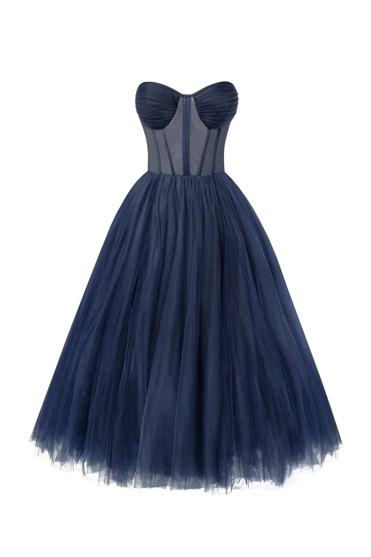 Navy Blue Strapless Puffy Dress