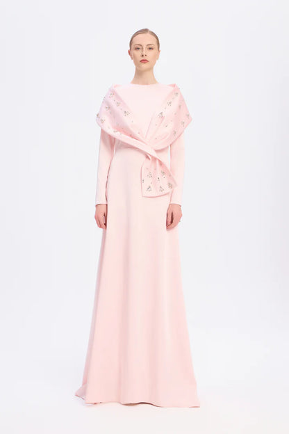 Stone Embroidered Shawl Satin Long Evening Dres