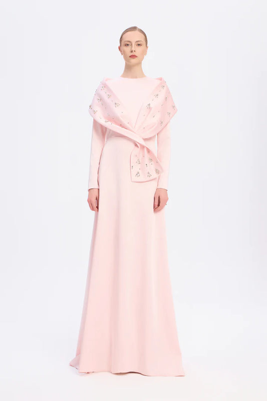 Stone Embroidered Shawl Satin Long Evening Dres