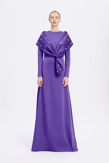 Stone Embroidered Shawl Satin Long Evening Dres