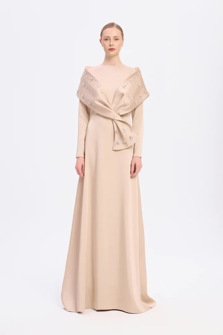 Stone Embroidered Shawl Satin Long Evening Dres