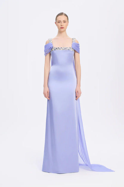 Cape Stone Embroidered Long Evening Dress