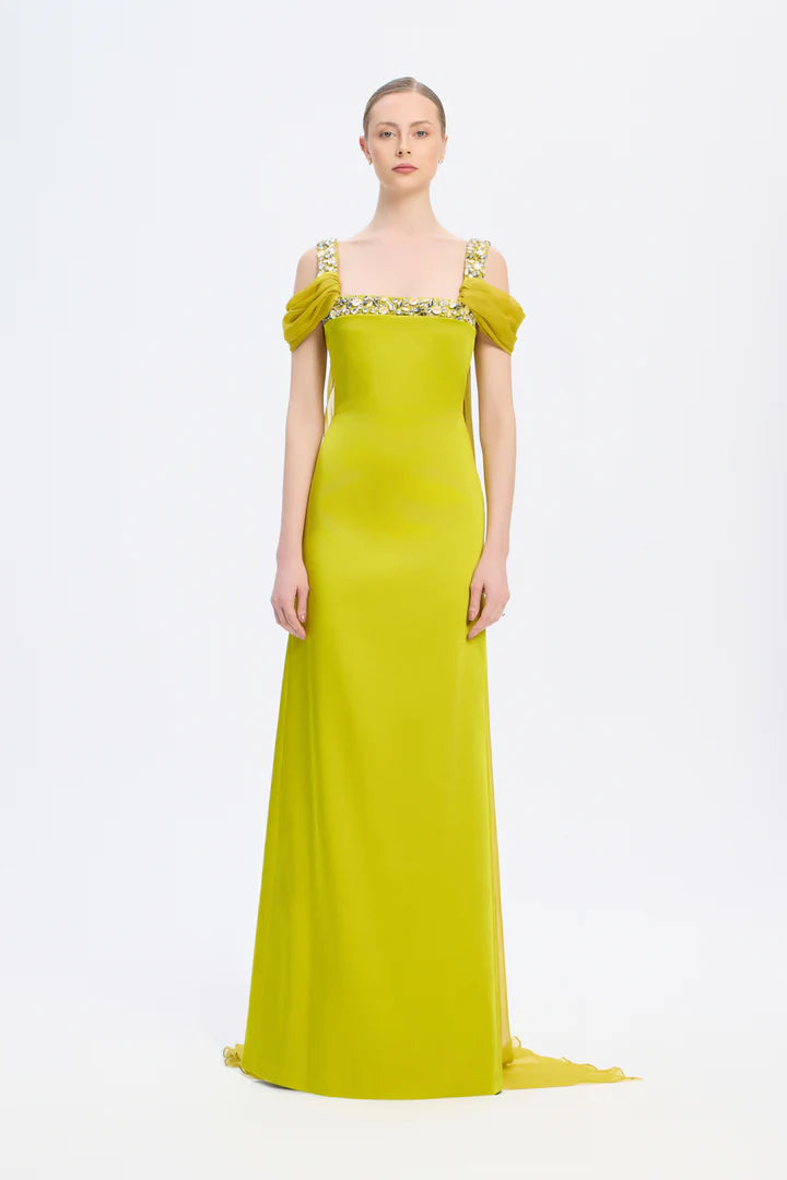 Cape Stone Embroidered Long Evening Dress