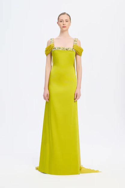 Cape Stone Embroidered Long Evening Dress