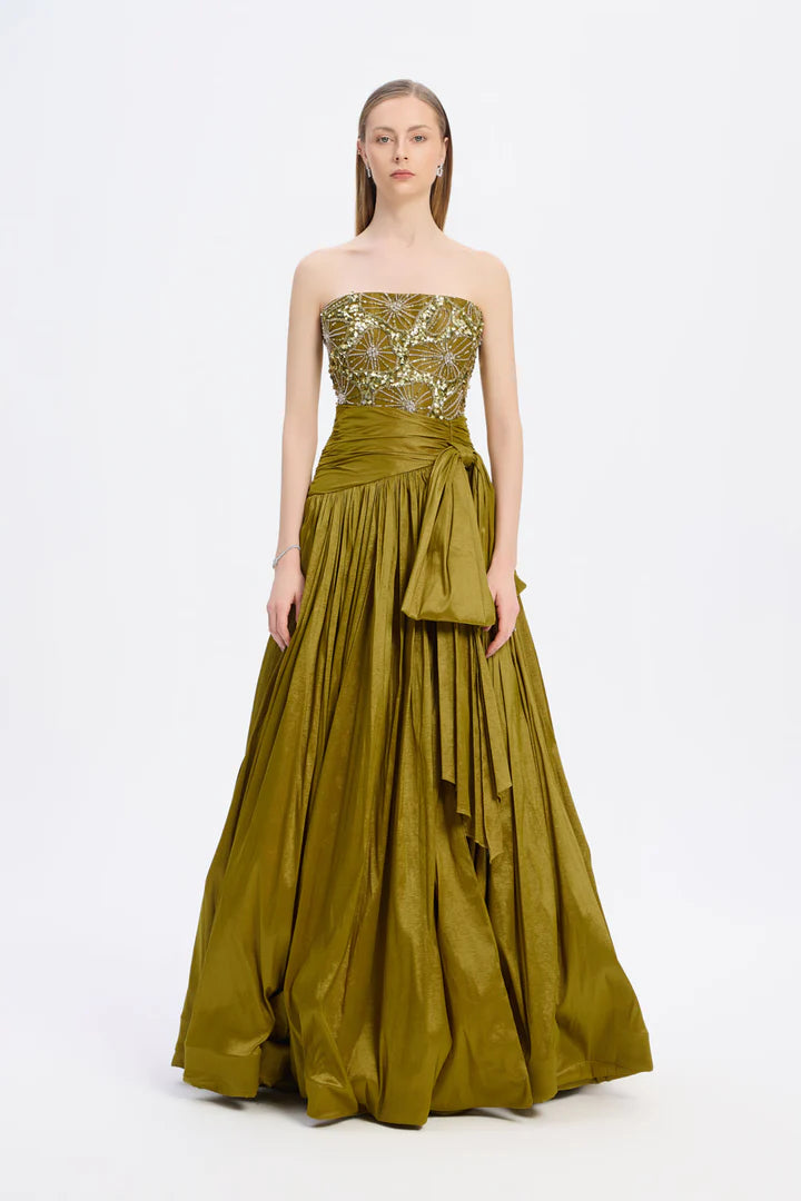Stone Embroidered Taffeta Long Evening Dress with Slits