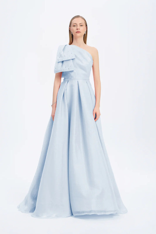 One Shoulder Bow Detail Long Evening Dress