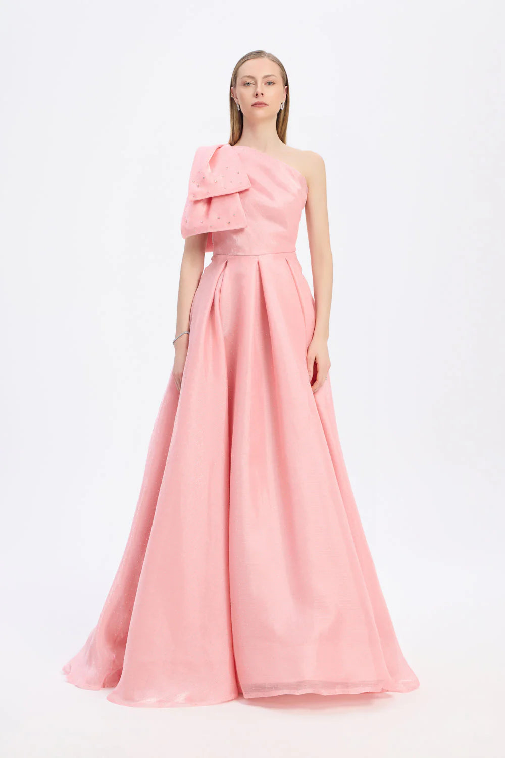 One Shoulder Bow Detail Long Evening Dress