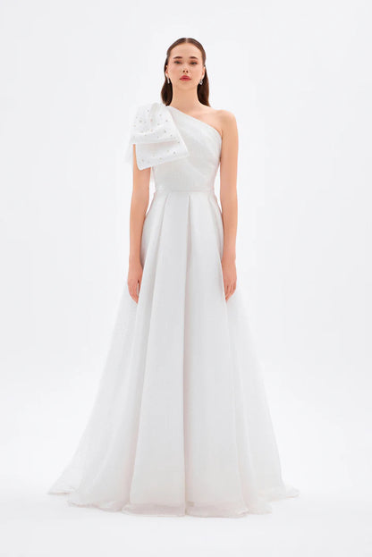 One Shoulder Bow Detail Long Evening Dress