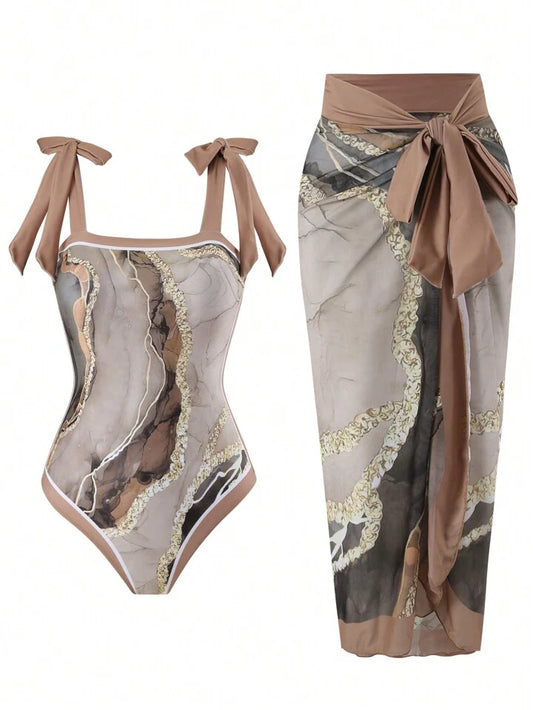 Brown Marble Printed  Monokini