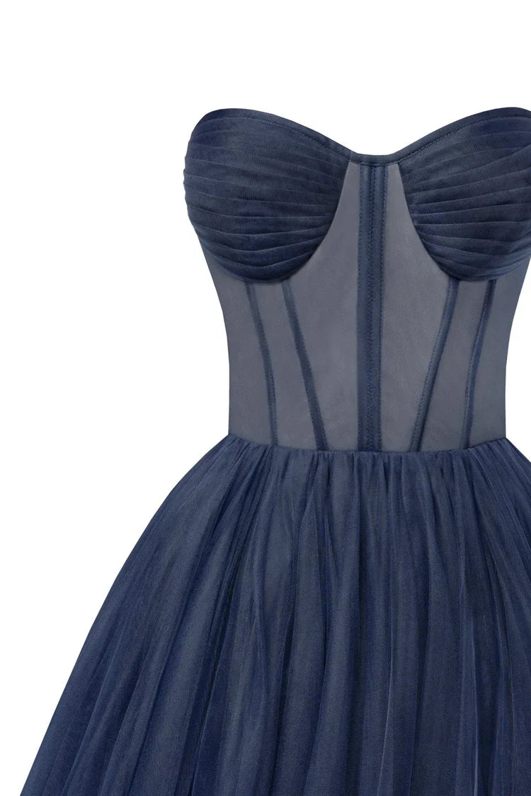 Navy Blue Strapless Puffy Dress