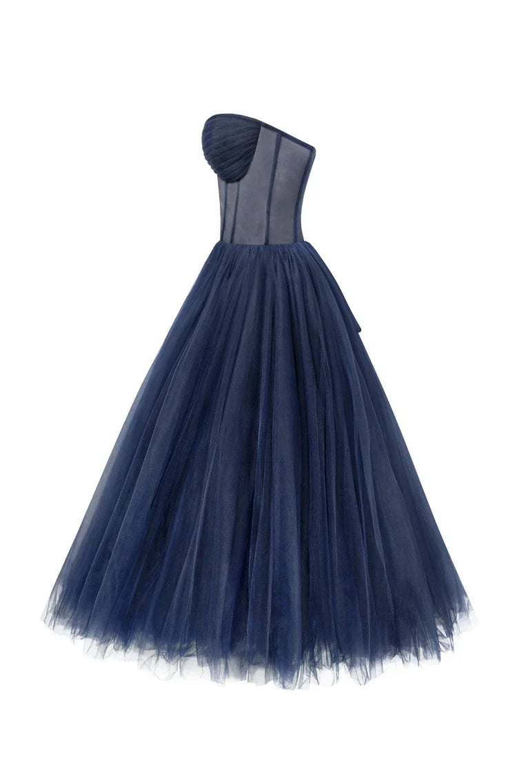 Navy Blue Strapless Puffy Dress