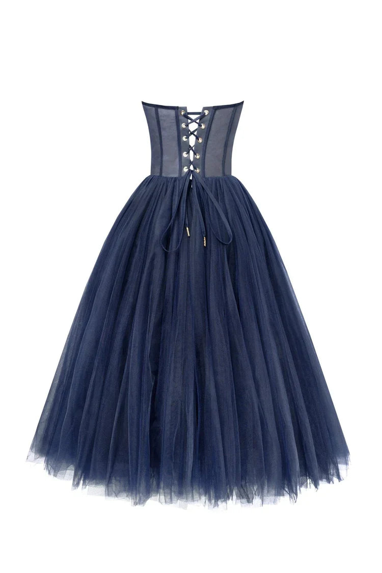 Navy Blue Strapless Puffy Dress