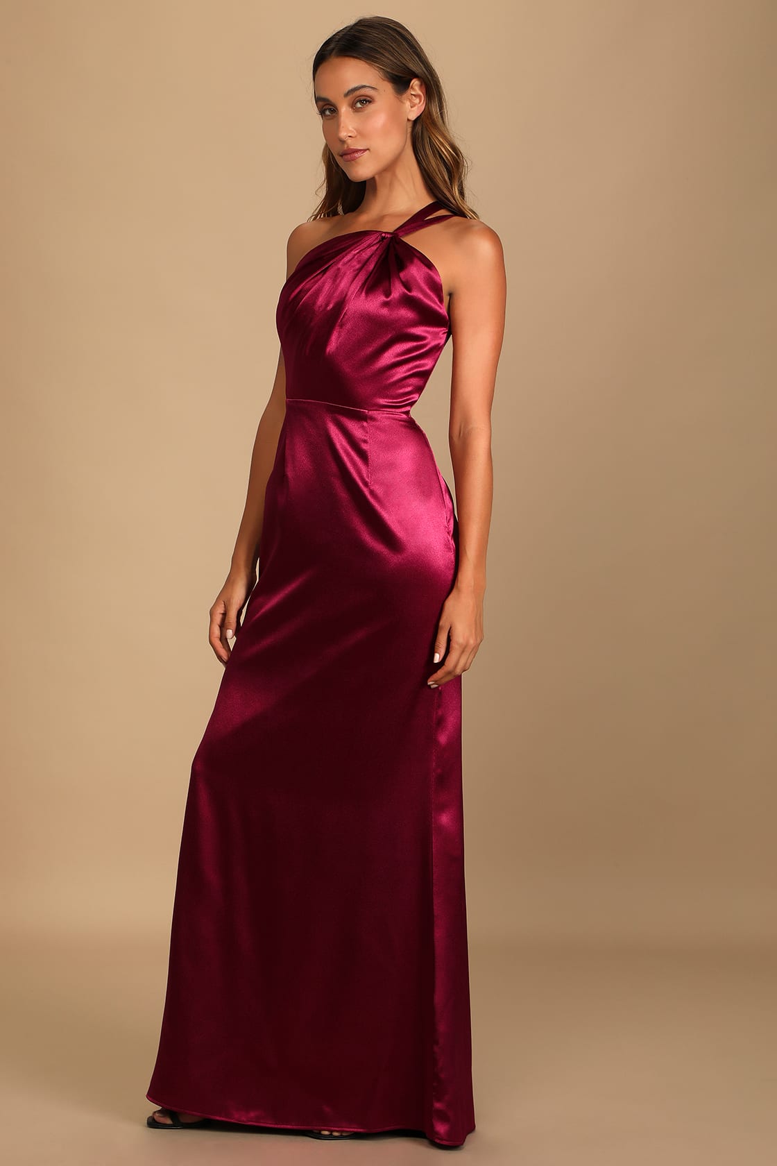 Wine Satin One-Shoulder Maxi Dress