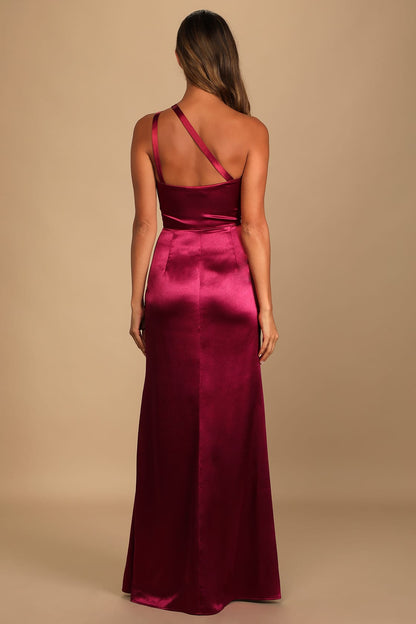 Wine Satin One-Shoulder Maxi Dress