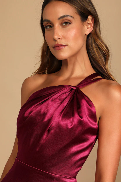 Wine Satin One-Shoulder Maxi Dress