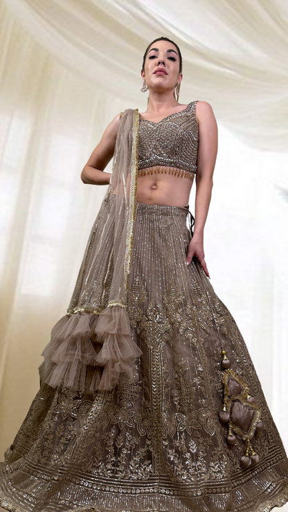 Light Brown Embroidered Lehenga Set