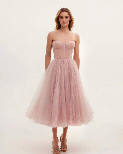 Misty Rose Strapless Puffy Dress