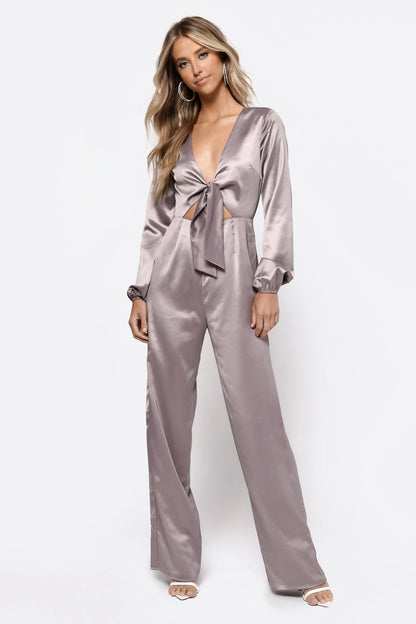 Front Tie Satin Jumpsuit