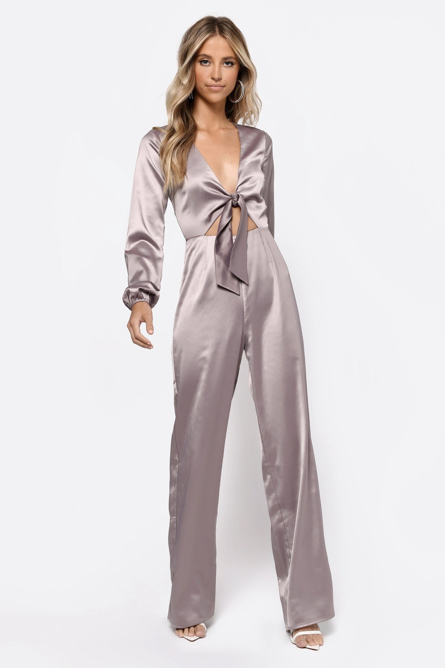 Front Tie Satin Jumpsuit