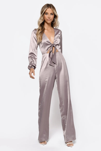 Front Tie Satin Jumpsuit