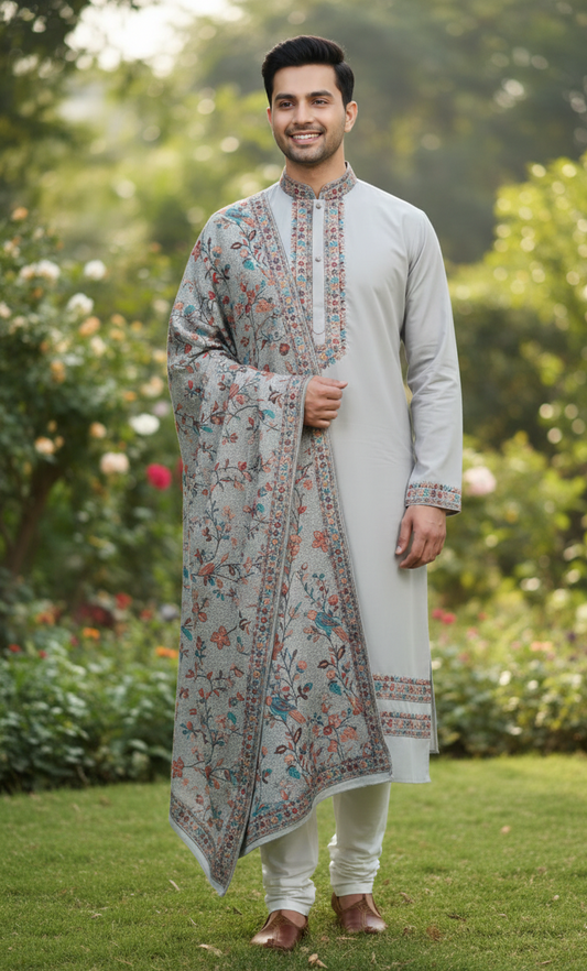 Regal Embroidered Kurta Set with Heritage Floral Shawl