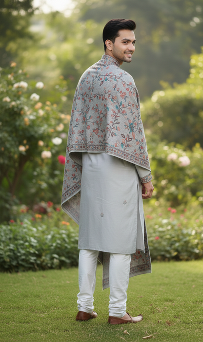 Regal Embroidered Kurta Set with Heritage Floral Shawl