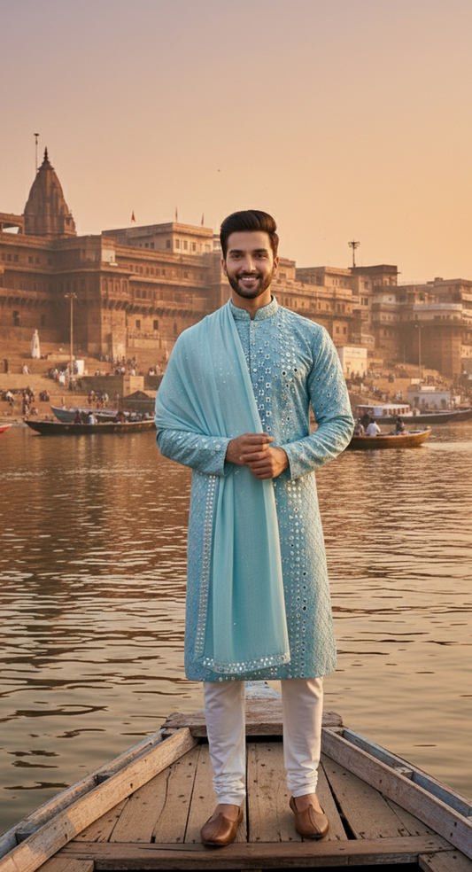 Heritage Mirrorwork Kurta Set with Embroidered Shawl