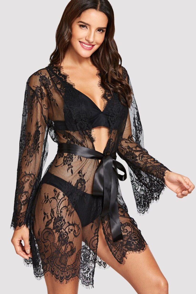 Floral Lace Robe with Thongs