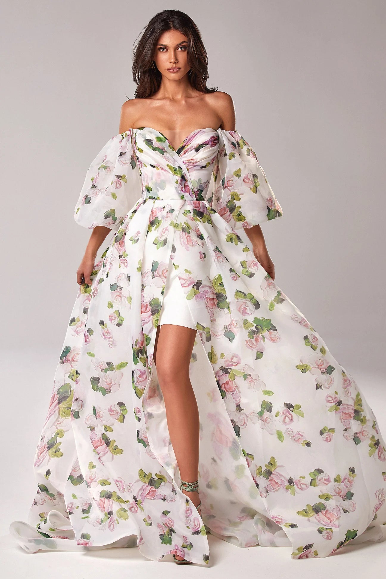 Apple Blossom Floral Puff Sleeve Maxi Dress