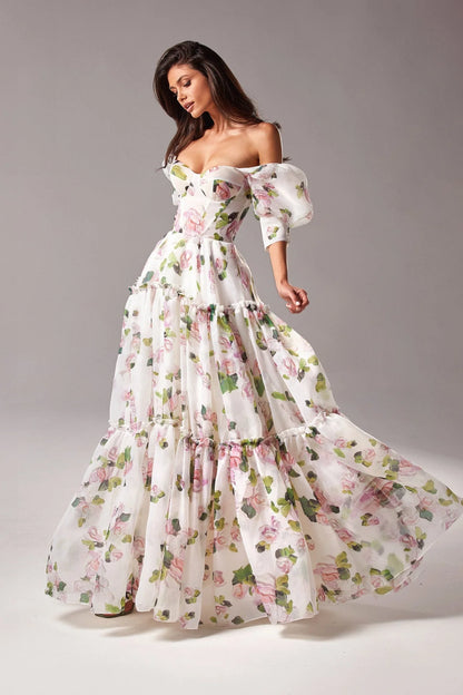 Apple Blossom Sheer Sleeves Maxi Dress