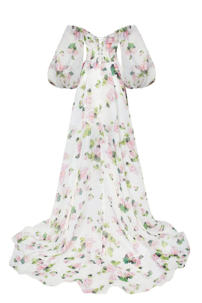 Apple Blossom Floral Puff Sleeve Maxi Dress