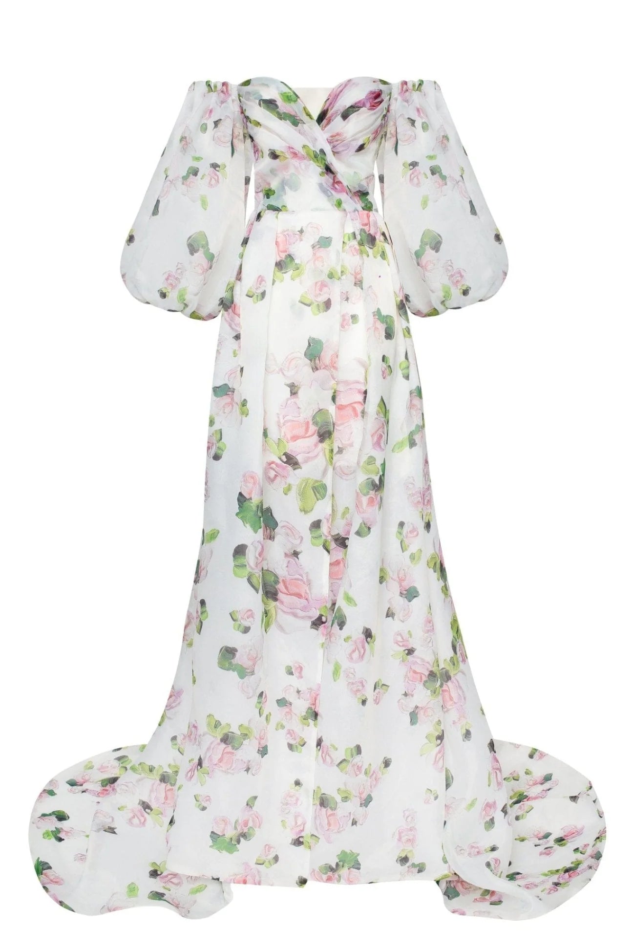 Apple Blossom Floral Puff Sleeve Maxi Dress