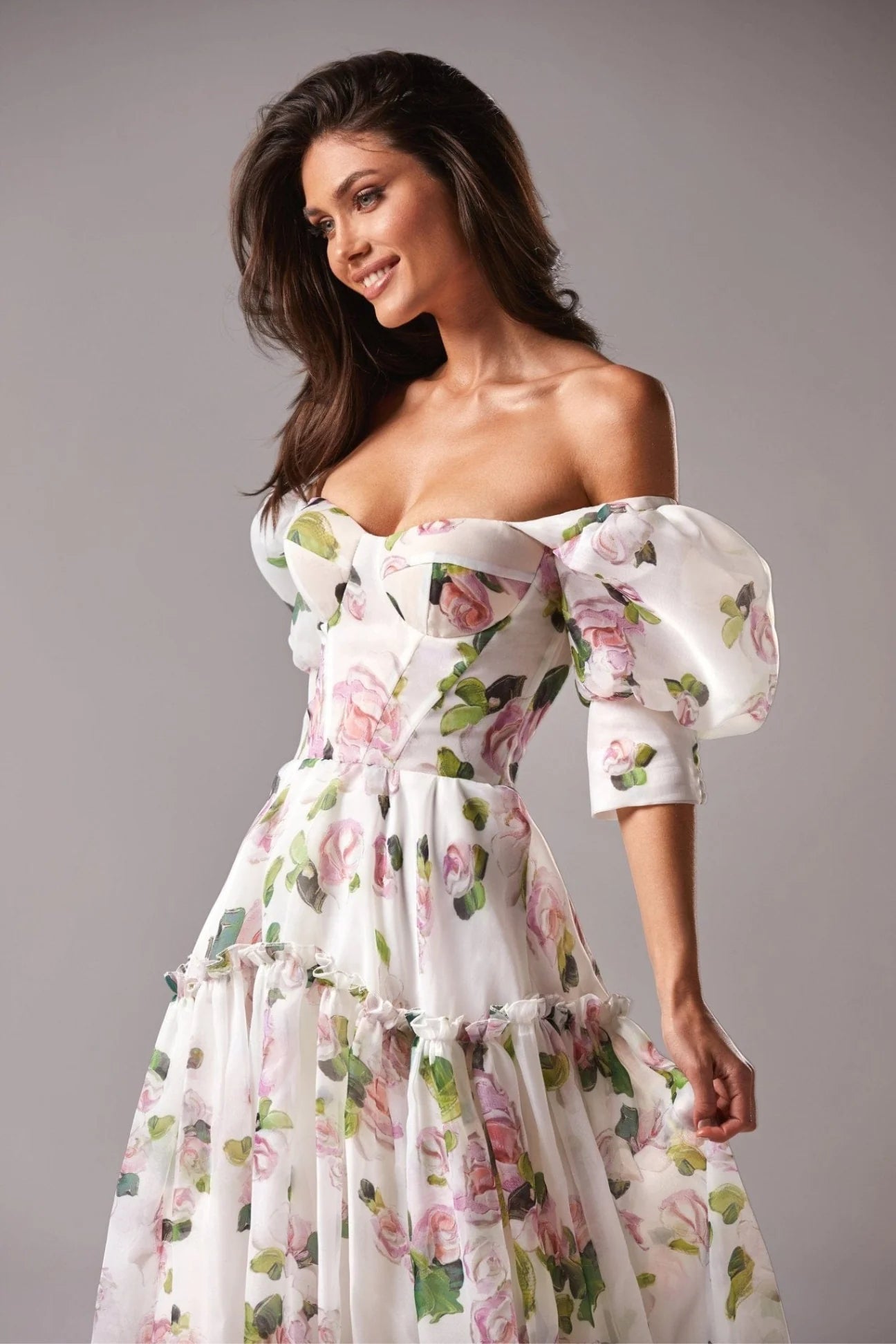 Apple Blossom Sheer Sleeves Maxi Dress