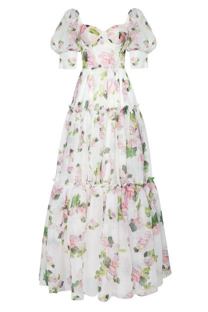 Apple Blossom Sheer Sleeves Maxi Dress