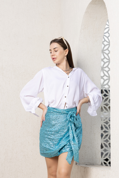 Ice Blue Sequin Mini Wave Skirt