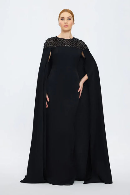 Judge Collar Stone Embroidered Cape Evening Dress