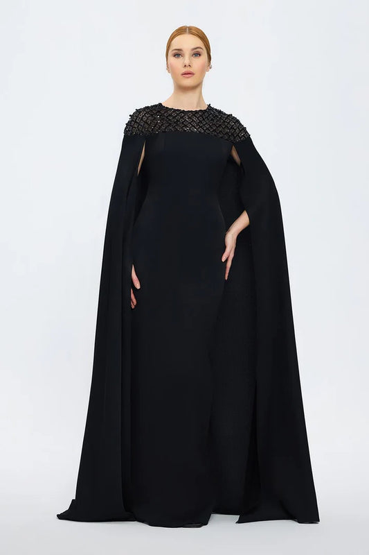Judge Collar Stone Embroidered Cape Evening Dress