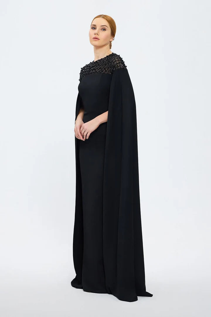 Judge Collar Stone Embroidered Cape Evening Dress