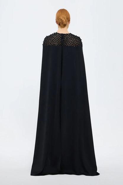 Judge Collar Stone Embroidered Cape Evening Dress