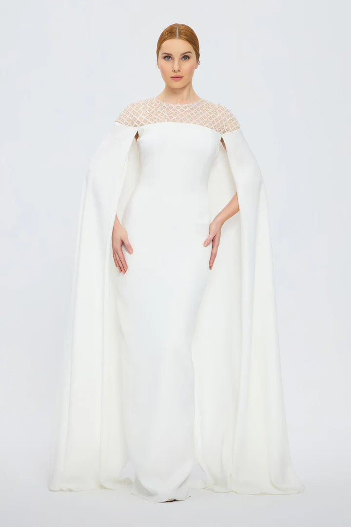 Judge Collar Stone Embroidered Cape Evening Dress