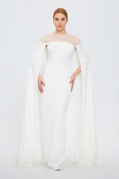Judge Collar Stone Embroidered Cape Evening Dress