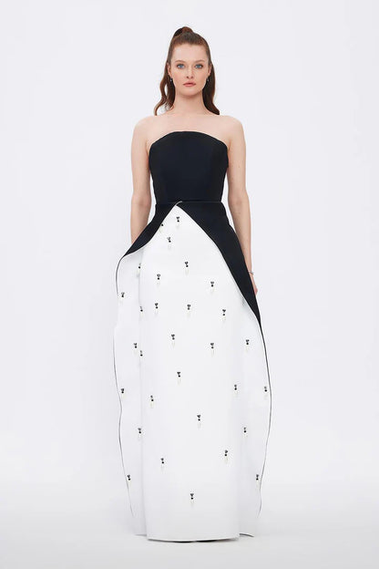 Pearl Detailed Strapless Collar Evening Dress