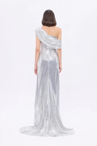 One-Shoulder Sequin Evening Gown