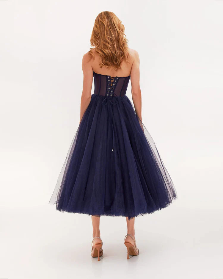 Navy Blue Strapless Puffy Dress