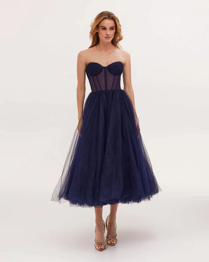 Navy Blue Strapless Puffy Dress