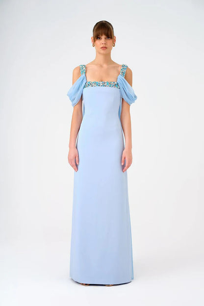 Cape Stone Embroidered Long Evening Dress